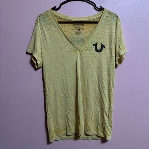 True Religion Women's Light Yellow V-Neck Tee